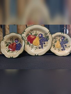 Cream Ceramic Fruit Motif Serving Bowl - Red, Yellow & Purple Design